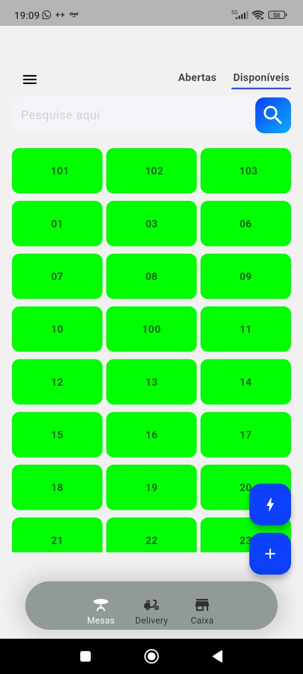 App do garçom mostrando mesas disponíveis em tempo real